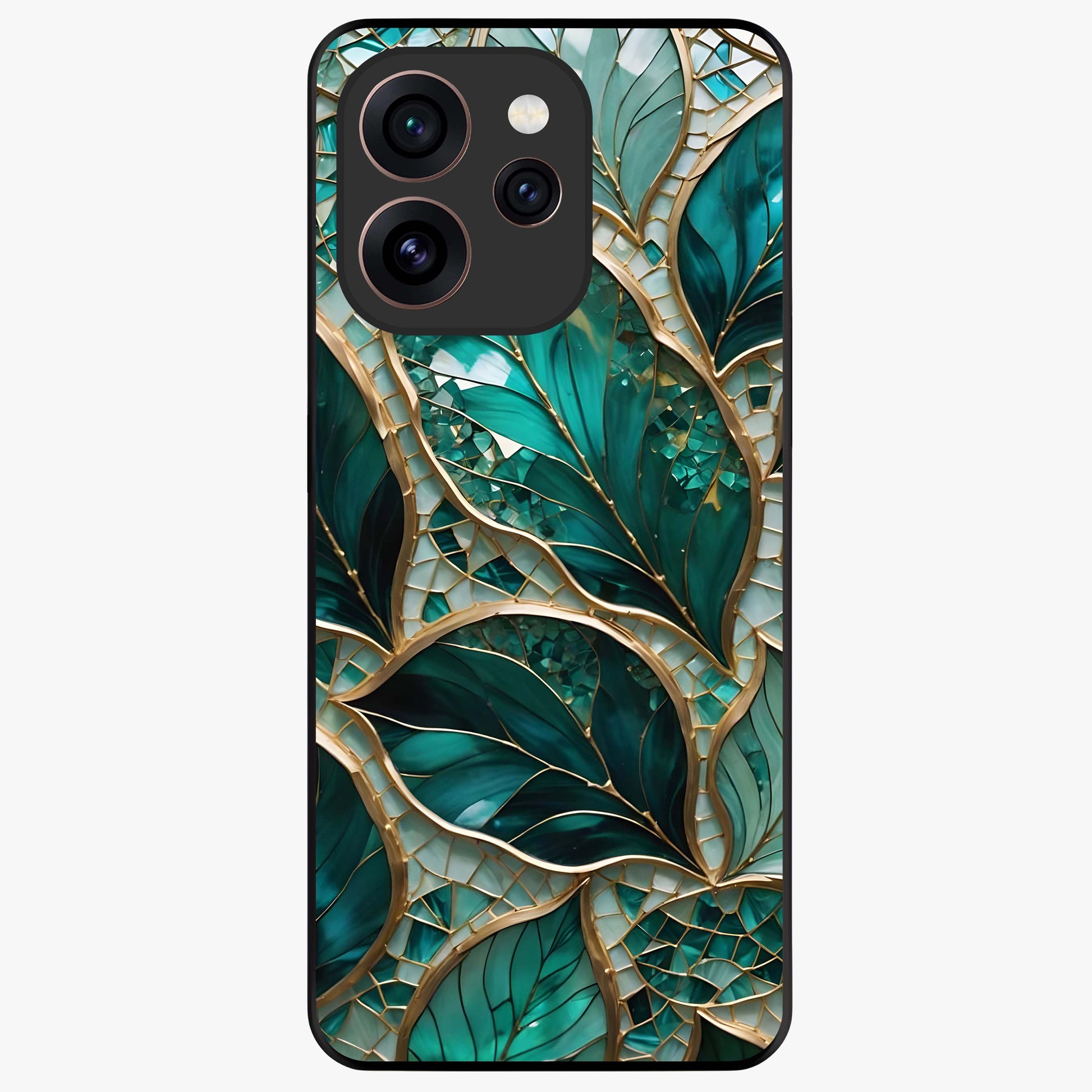 Emerald Leaf Glass Glass Case showing flat back view with emerald green leaf artwork and glossy glass finish.