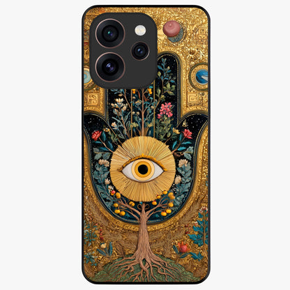 Ethereal Evil Eye Glass Case showing flat back view with mystical evil eye artwork and glossy glass finish.
