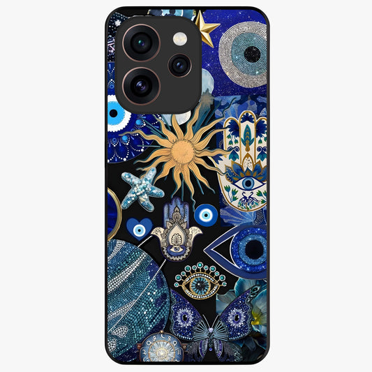 Evil Eye Charm Mix Glass Case showing flat back view with multiple evil eye charms artwork and glossy glass finish.