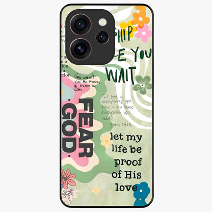 Faith Over Fear Glass Case showing flat back view with motivational typography artwork and glossy glass finish.