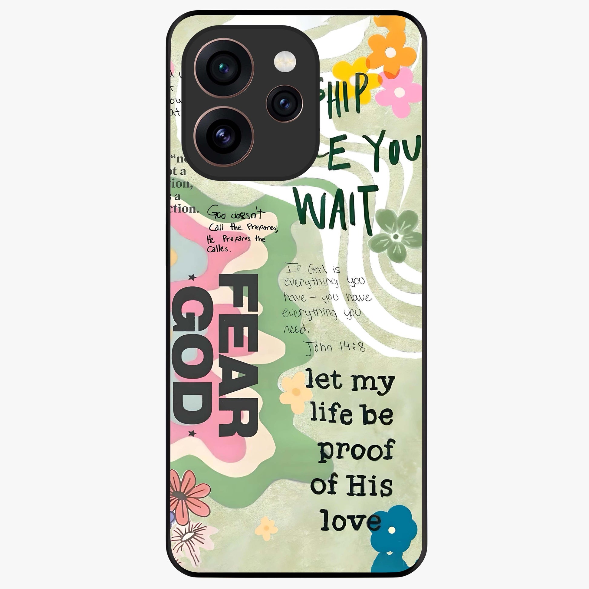 Faith Over Fear Glass Case showing flat back view with motivational typography artwork and glossy glass finish.