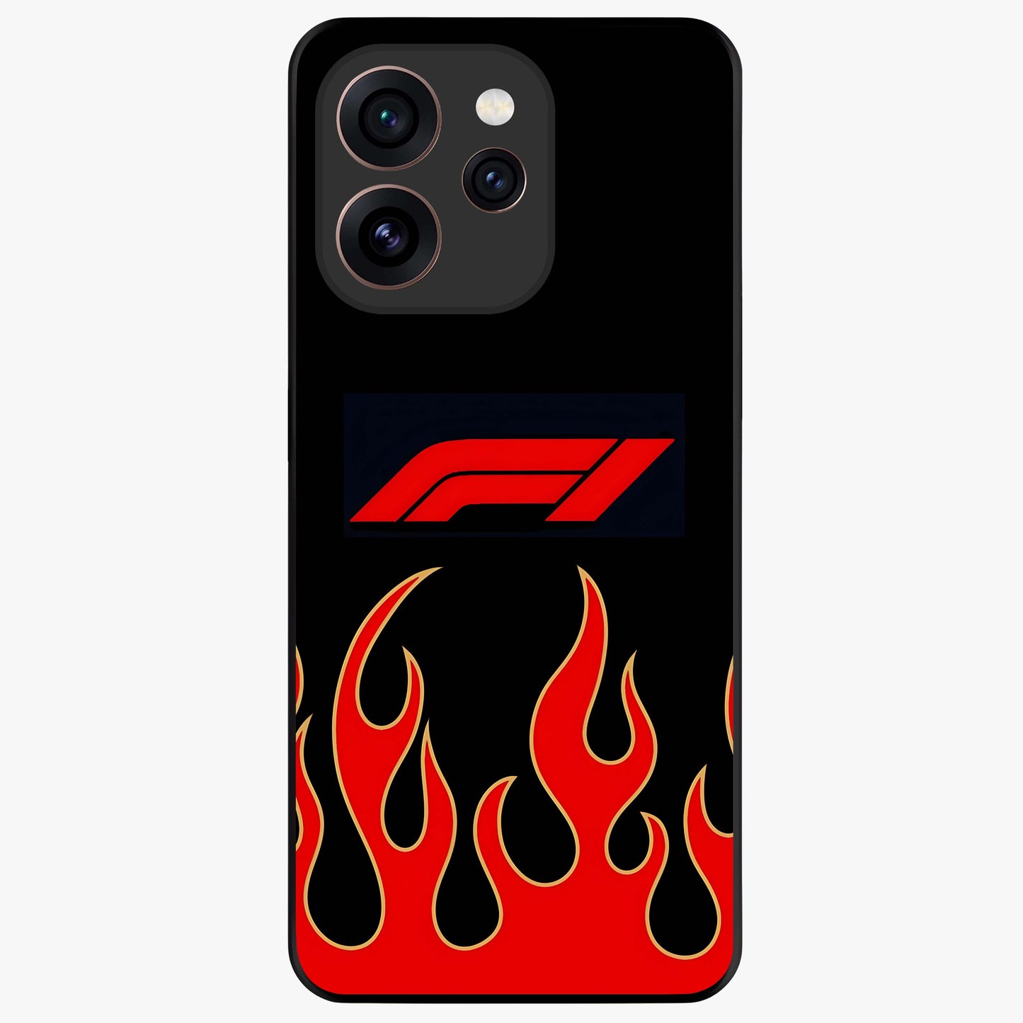 Fire F11 Glass Case showing flat back view with fiery themed artwork and glossy glass finish.