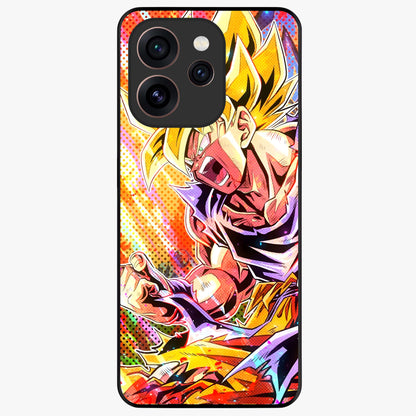 Firing Goku Glass Case showing flat back view with powerful anime inspired artwork and glossy glass finish.