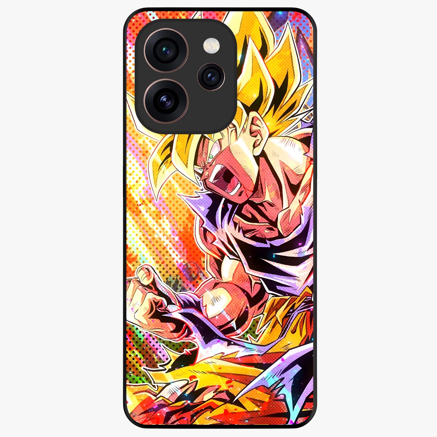 Firing Goku Glass Case showing flat back view with powerful anime inspired artwork and glossy glass finish.