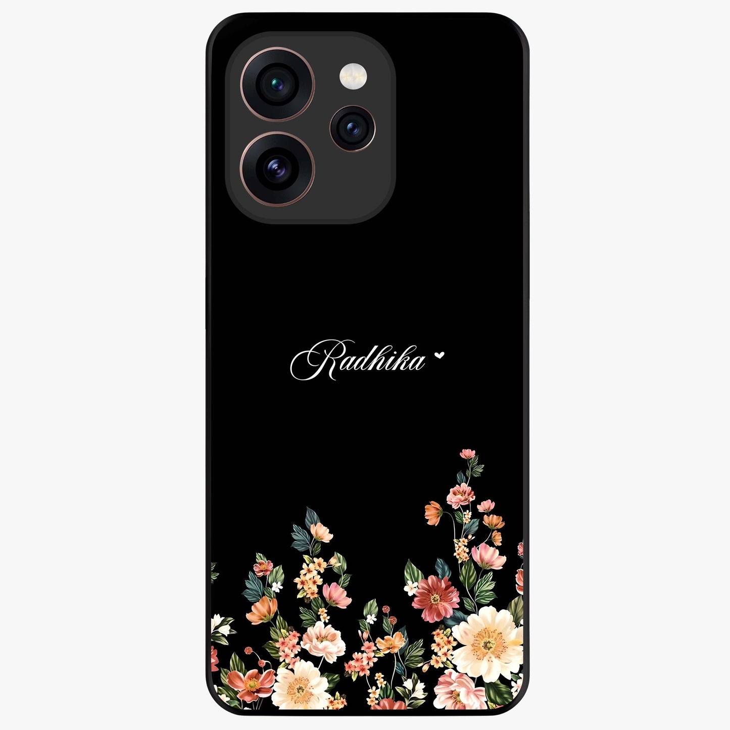 Floral Design With a Custom Personalized Name Glass Case showing flat back view with floral artwork and personalized name design.