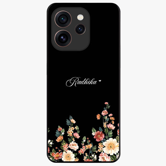 Floral Design With a Custom Personalized Name Glass Case showing flat back view with floral artwork and personalized name design.