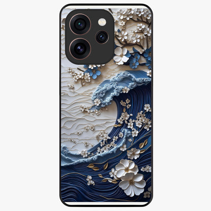 Floral Wave Origami Glass Case showing flat back view with origami inspired floral wave artwork and glossy glass finish.