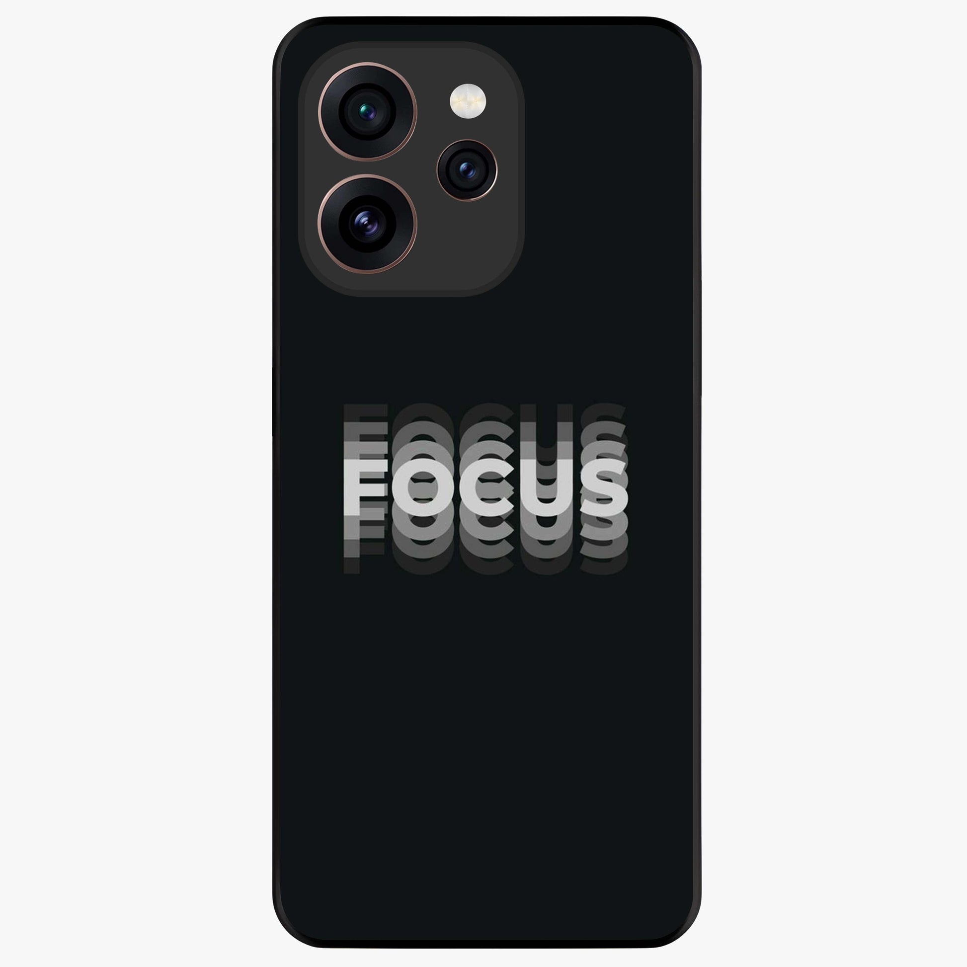 Focus Mode On Glass Case showing flat back view with bold motivational typography design and glossy glass finish.