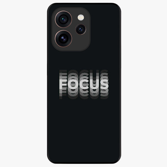 Focus Mode On Glass Case showing flat back view with bold motivational typography design and glossy glass finish.