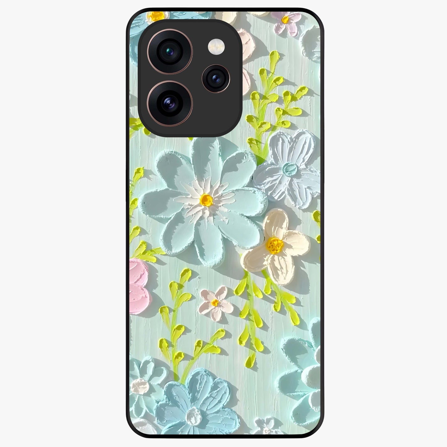 Frosted Petal Garden Glass Case showing flat back view with soft frosted floral artwork and glossy glass finish.