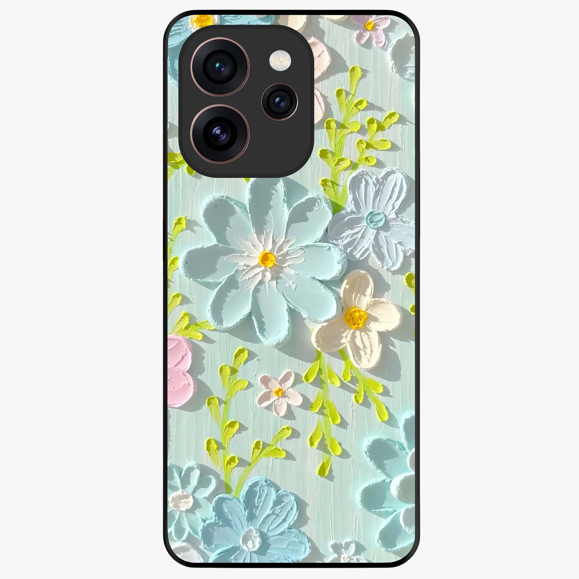 Frosted Petal Garden Glass Case showing flat back view with soft frosted floral artwork and glossy glass finish.