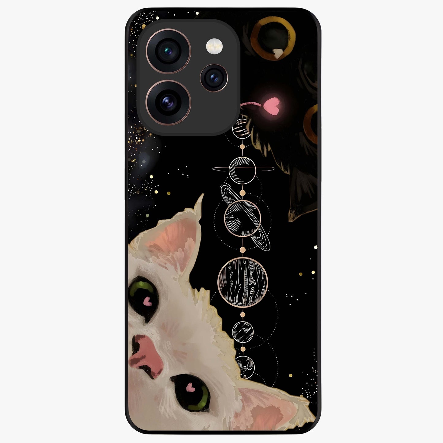 Galactic Cat Glass Case showing flat back view with cosmic cat artwork and glossy glass finish.