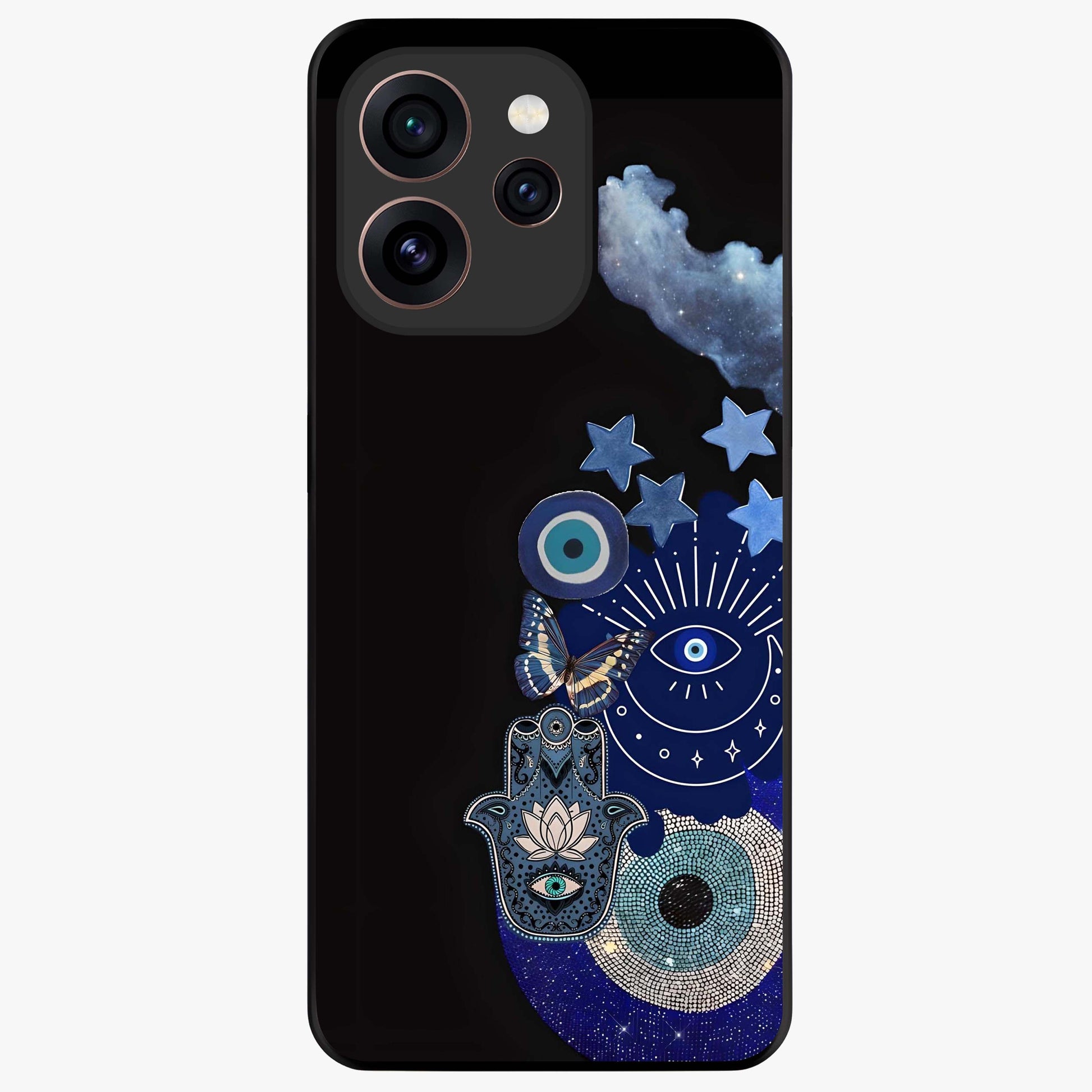Galactic Charm Cluster Glass Case showing flat back view with glowing celestial charm artwork and glossy glass finish.
