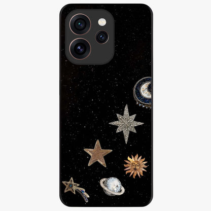 Galactic Charm Glow Glass Case showing flat back view with glowing celestial charm artwork and glossy glass finish.