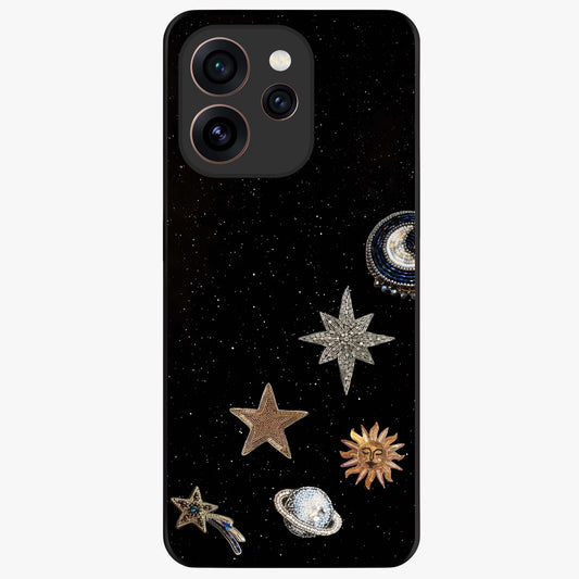 Galactic Charm Glow Glass Case showing flat back view with glowing celestial charm artwork and glossy glass finish.