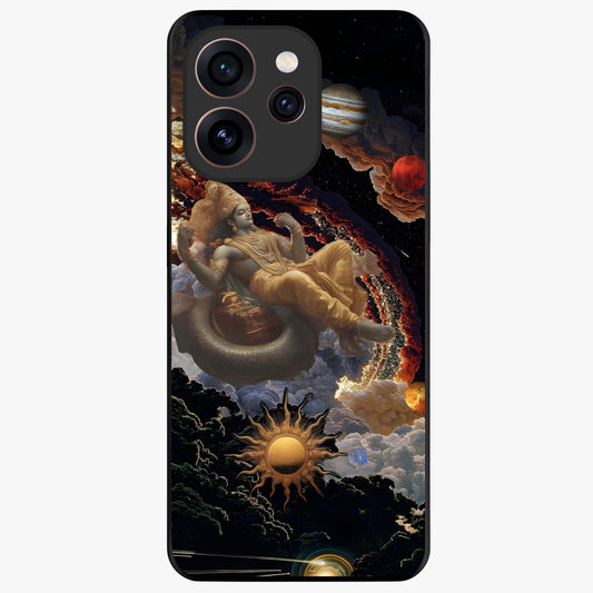 Galactic Divine God Glass Case showing flat back view with divine cosmic themed artwork and glossy glass finish.