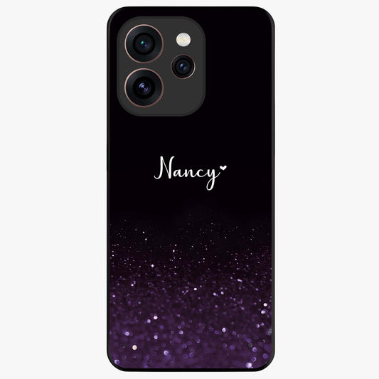 Glittery Purple Bokeh Custom Name Glass Case showing flat back view with purple bokeh sparkle artwork and personalized name design.