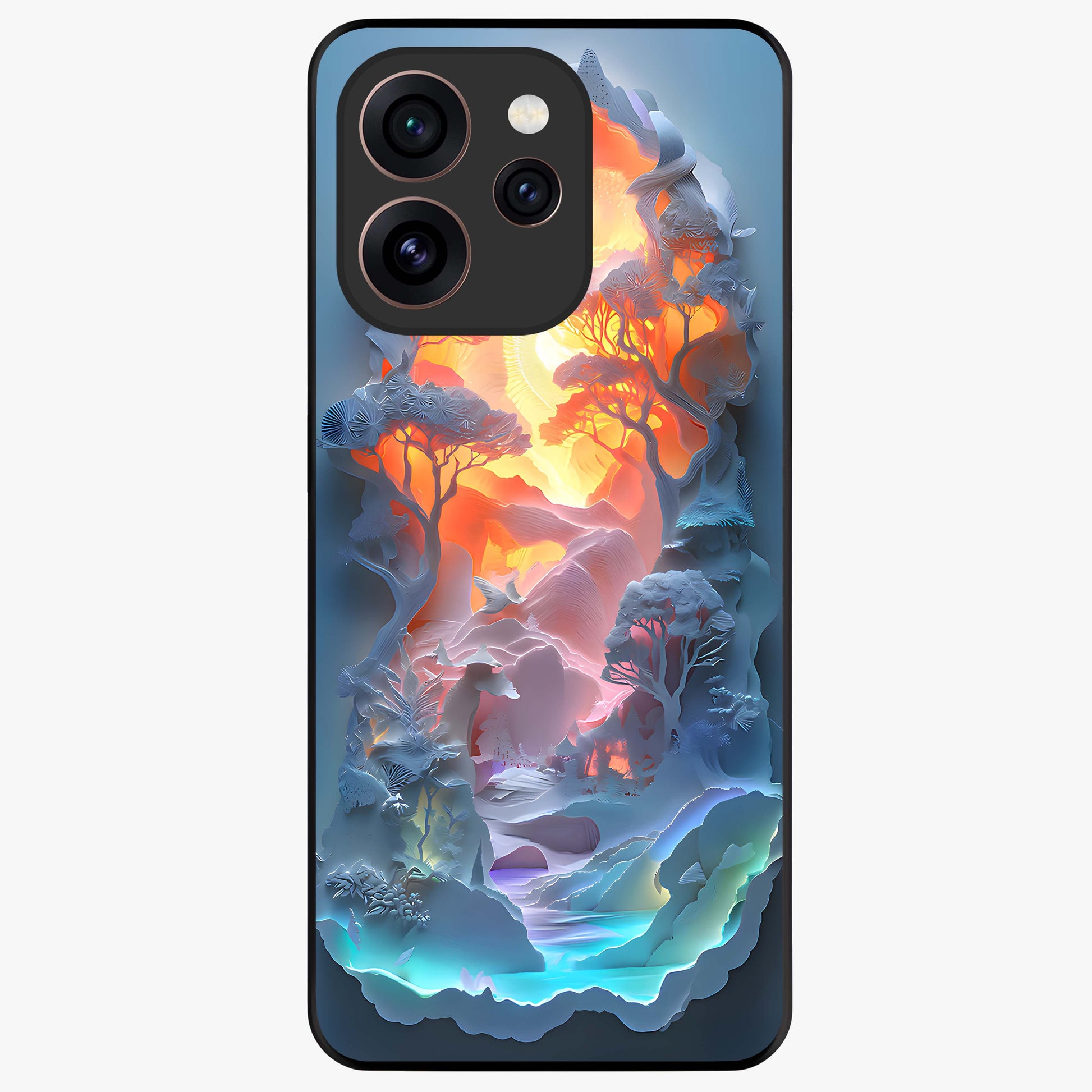 Glow Forest Portal Glass Case showing flat back view with glowing forest portal artwork and glossy glass finish.