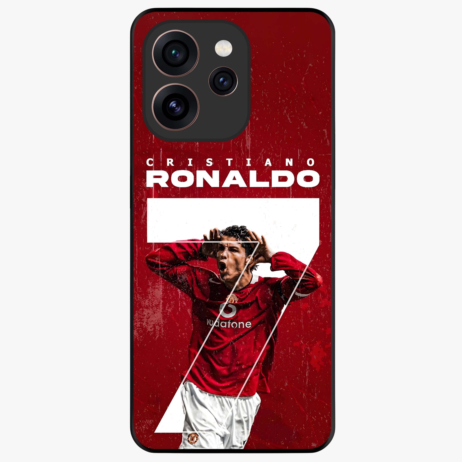 Goal Celebration Legacy Glass Case showing flat back view with football celebration inspired artwork and glossy glass finish.