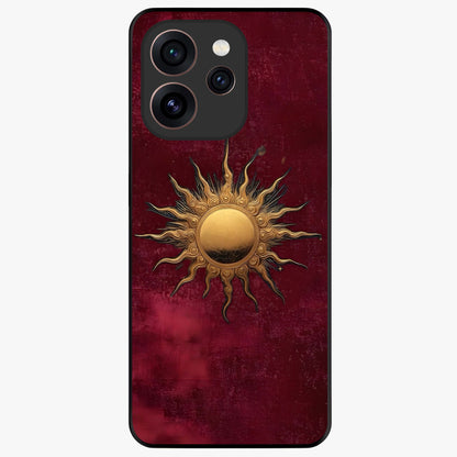 Gold Sun Blush Glass Case showing flat back view with golden sun inspired artwork and glossy glass finish.