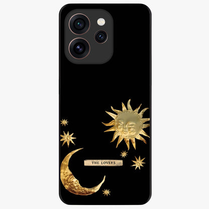 Golden Celestial Charm Glass Case showing flat back view with golden celestial charm artwork and glossy glass finish.