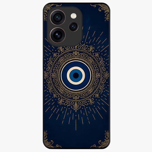 Golden Evil Eye Mandala Glass Case showing flat back view with intricate evil eye mandala artwork and glossy glass finish.