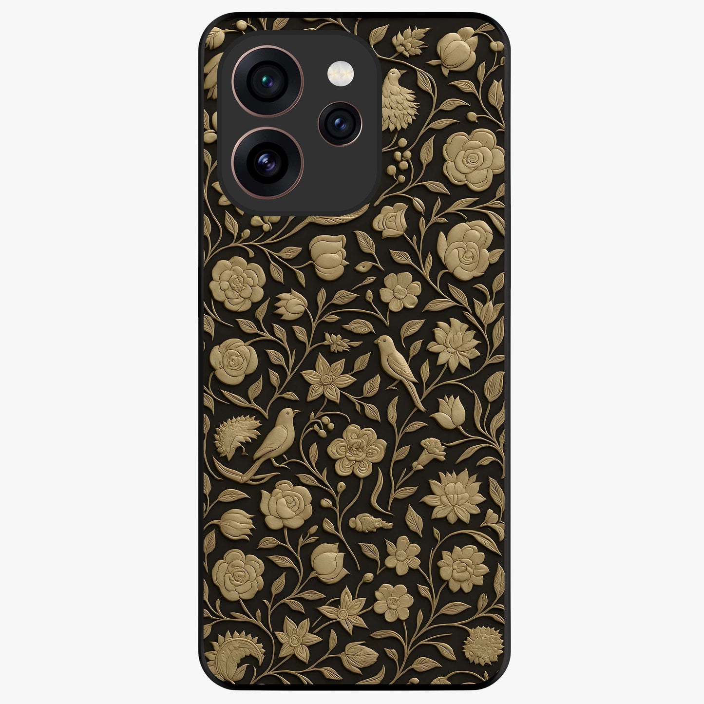Golden Floral Majesty Glass Case showing flat back view with luxurious golden floral artwork and glossy glass finish.