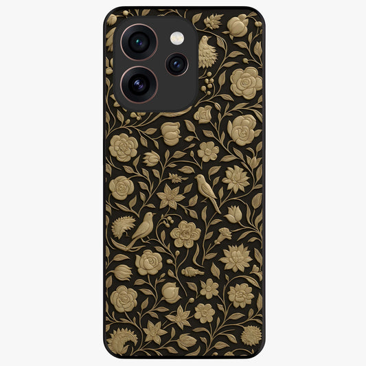 Golden Floral Majesty Glass Case showing flat back view with luxurious golden floral artwork and glossy glass finish.