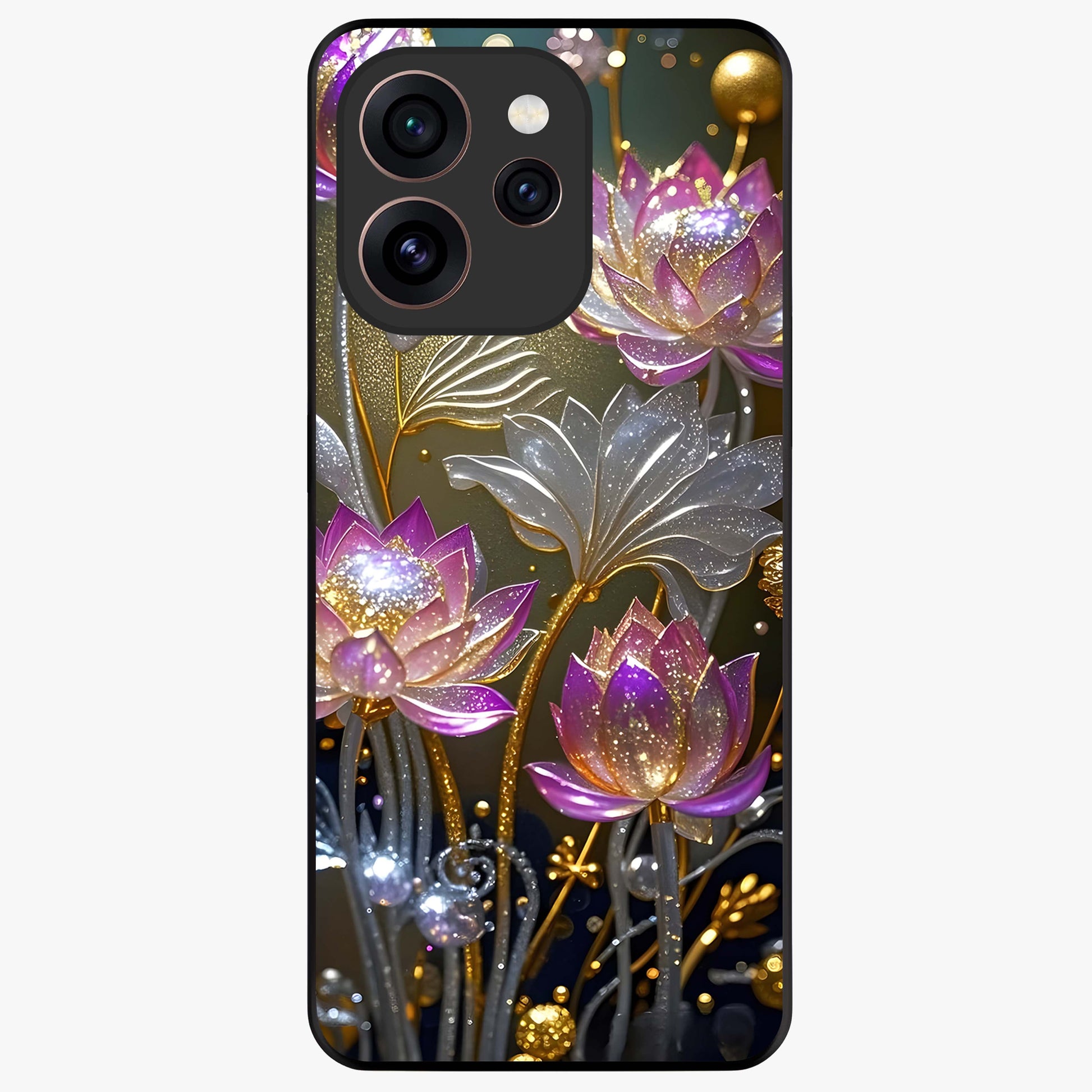 Golden Lotus Glow Glass Case showing flat back view with glowing lotus flower artwork and glossy glass finish.