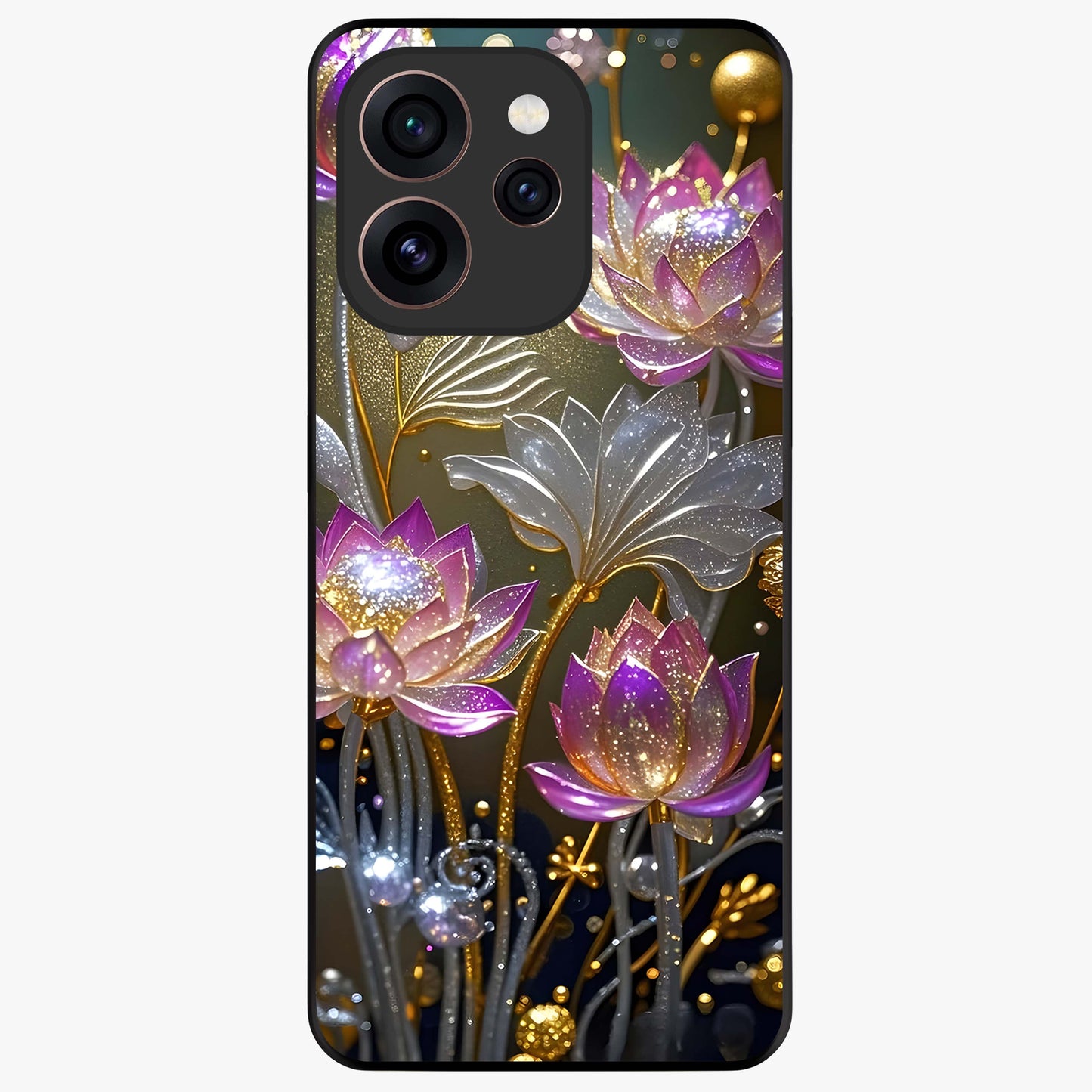 Golden Lotus Glow Glass Case showing flat back view with glowing lotus flower artwork and glossy glass finish.