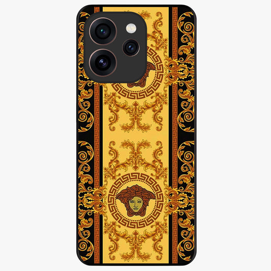 Golden Royal Heritage Glass Case showing flat back view with ornate royal pattern artwork and glossy glass finish.