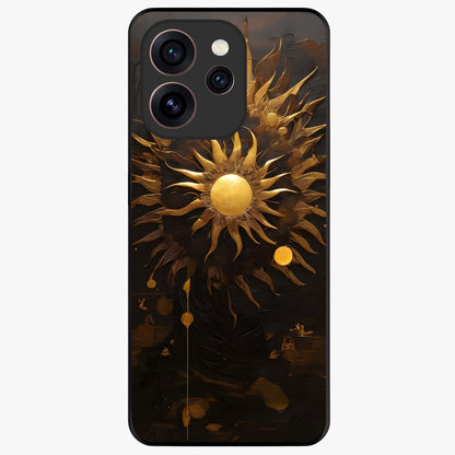 Golden Sun Majesty Glass Case showing flat back view with radiant golden sun artwork and glossy glass finish.