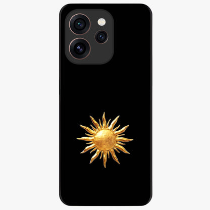 Golden Sun Minimalism Glass Case showing flat back view with minimal golden sun artwork and glossy glass finish.