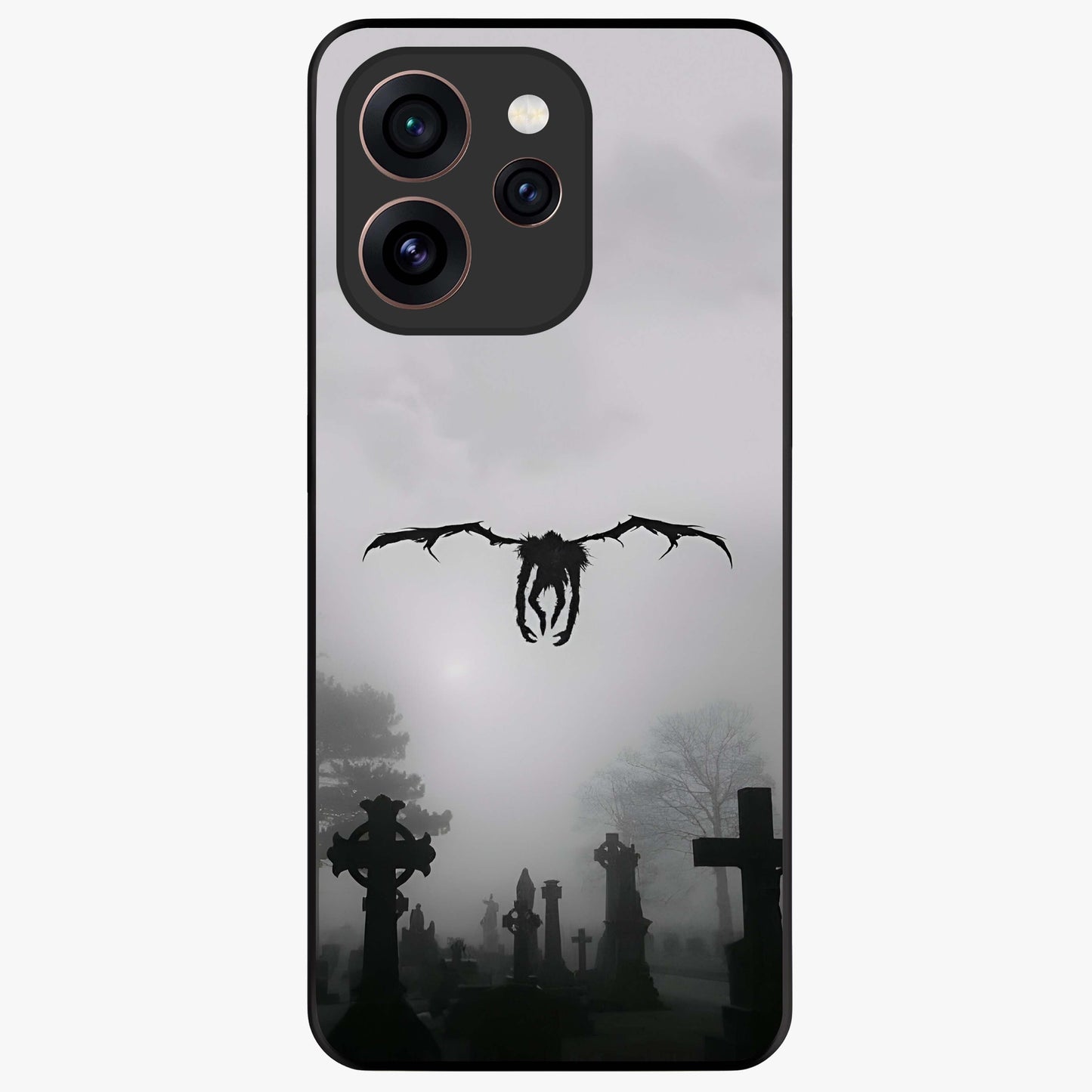 Graveyard Shadow Descent Glass Case showing flat back view with dark graveyard themed artwork and glossy glass finish.
