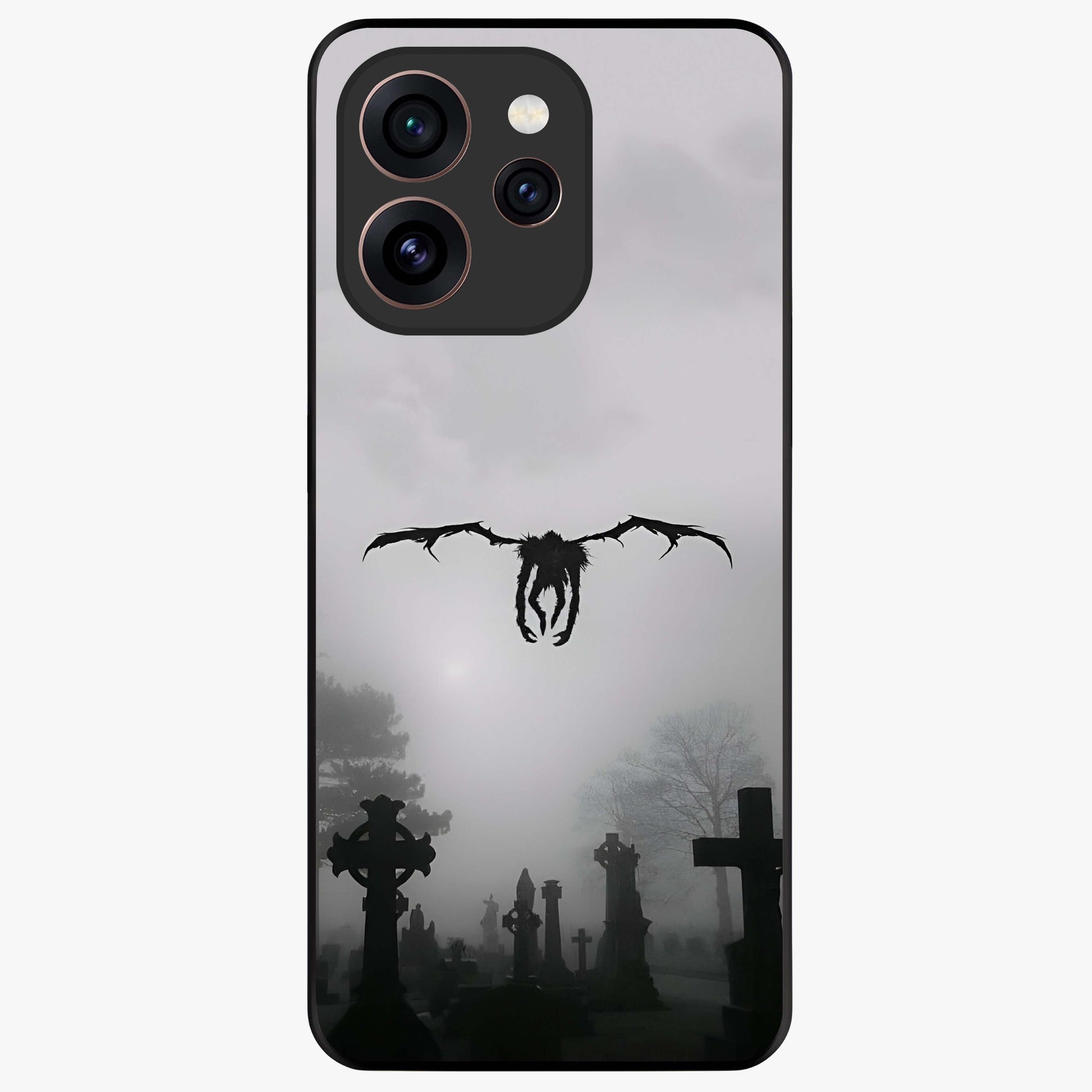 Graveyard Shadow Descent Glass Case showing flat back view with dark graveyard themed artwork and glossy glass finish.