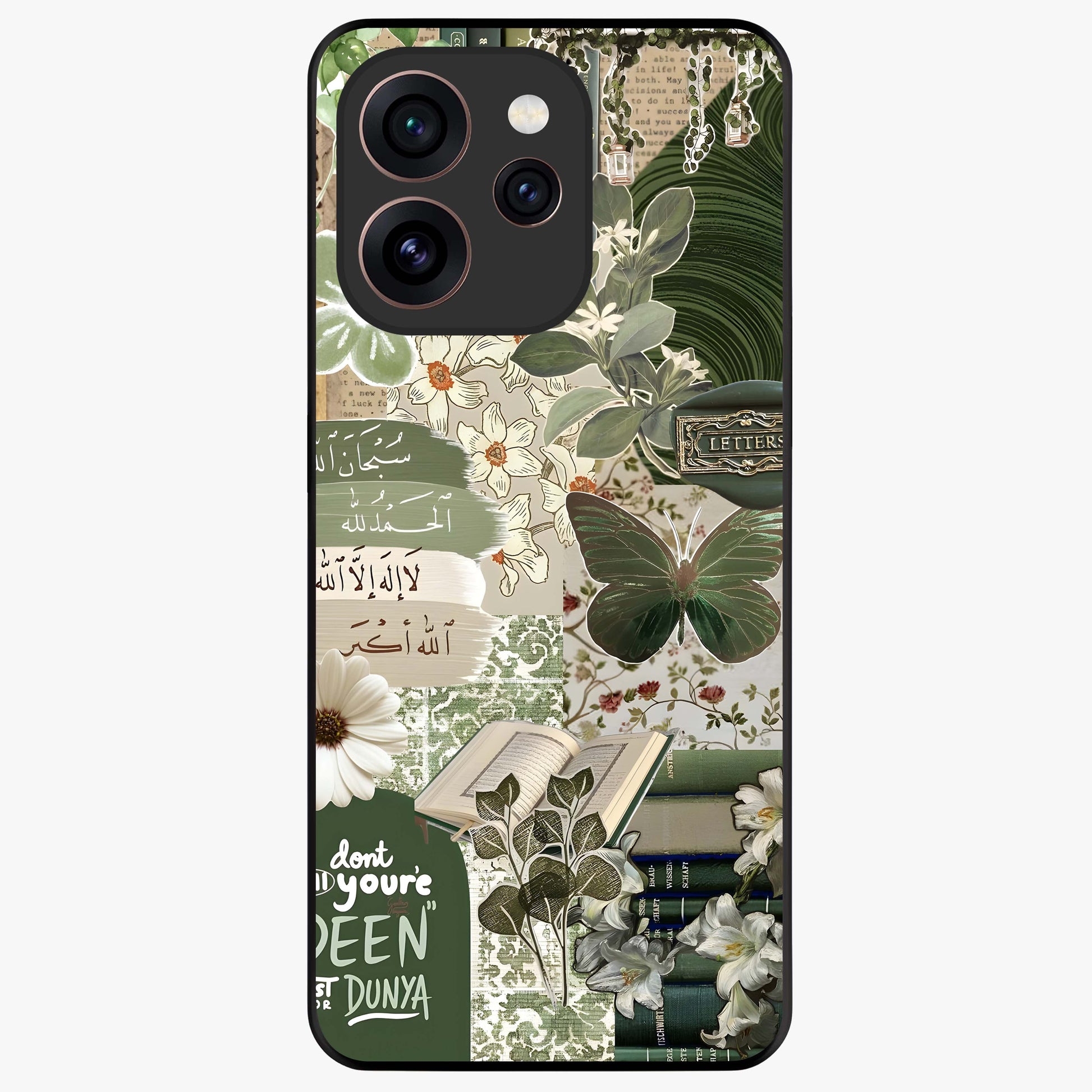 Green Islamic Books Quotes Glass Case showing flat back view with Islamic quotes and book themed artwork and glossy glass finish.