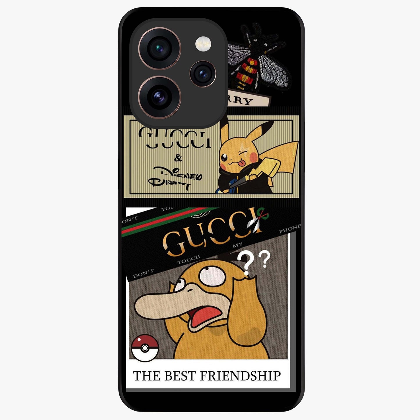 Gucci Play Mashup Glass Case showing flat back view with luxury inspired graphic artwork and glossy glass finish.