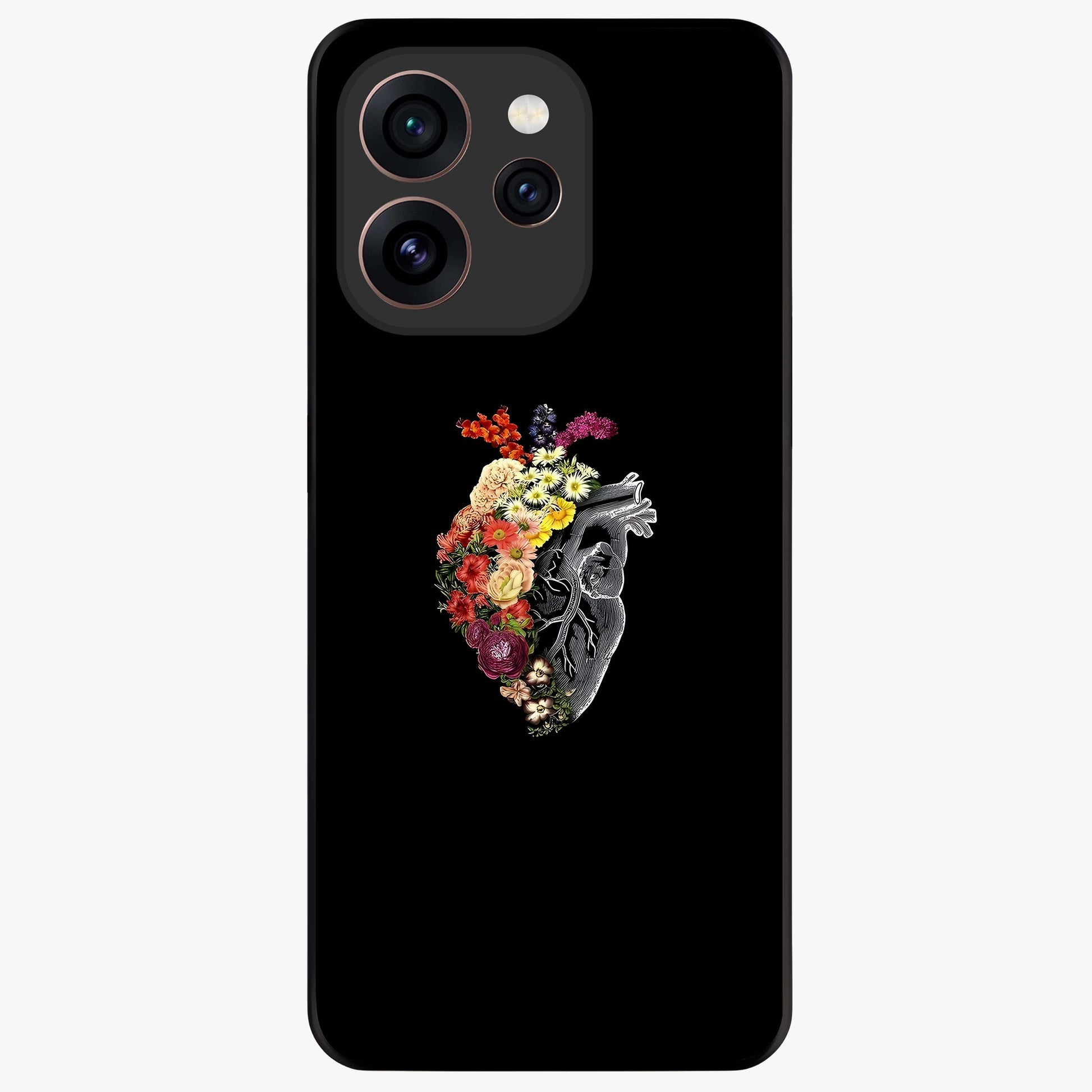 Heart With Flowers Glass Case showing flat back view with heart shaped floral artwork and glossy glass finish.