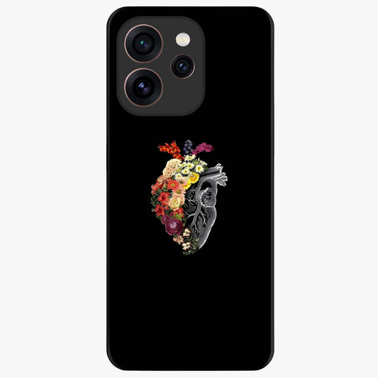 Heart With Flowers Glass Case showing flat back view with heart shaped floral artwork and glossy glass finish.