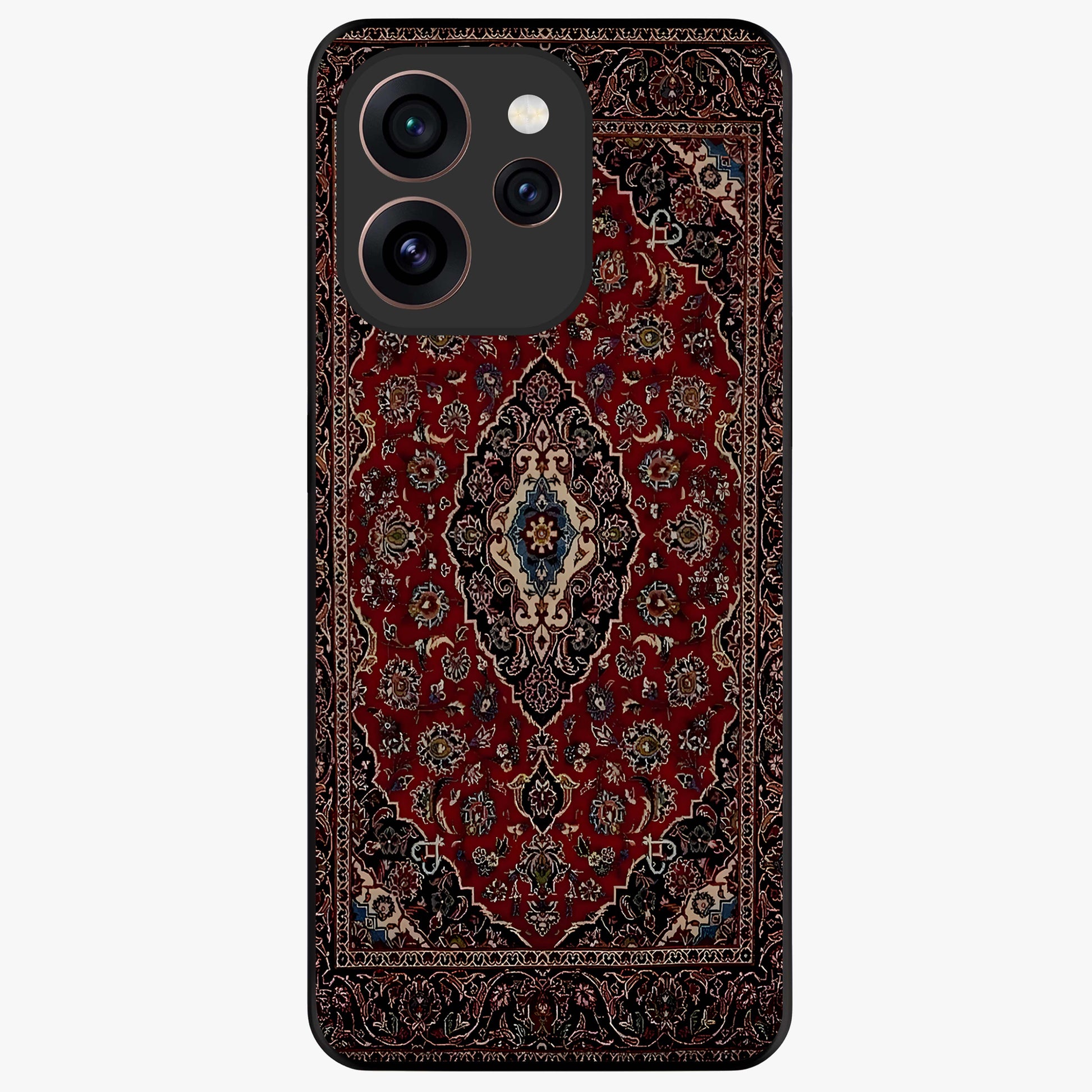 Heritage Carpet Royale Glass Case showing flat back view with ornate Persian carpet inspired pattern and glossy glass finish.