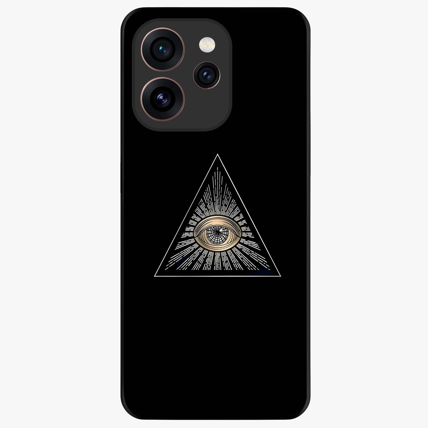 Illuminati Evil Glass Case showing flat back view with mysterious illuminati symbol artwork and glossy glass finish.
