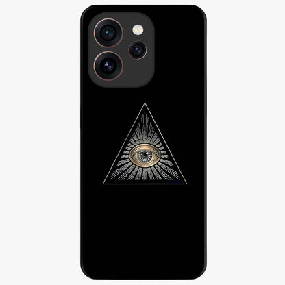 Illuminati Evil Glass Case showing flat back view with mysterious illuminati symbol artwork and glossy glass finish.