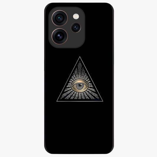 Illuminati Evil Glass Case showing flat back view with mysterious illuminati symbol artwork and glossy glass finish.
