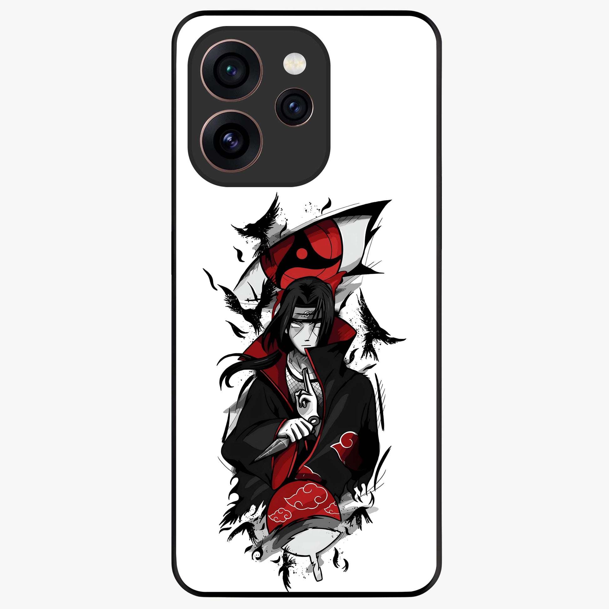 Itachi Sharingan Glass Case showing flat back view with powerful anime eye artwork and glossy glass finish.