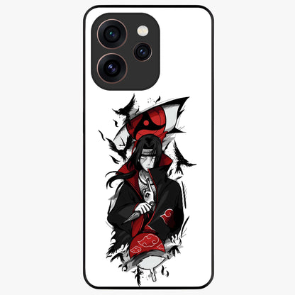 Itachi Sharingan Glass Case showing flat back view with powerful anime eye artwork and glossy glass finish.