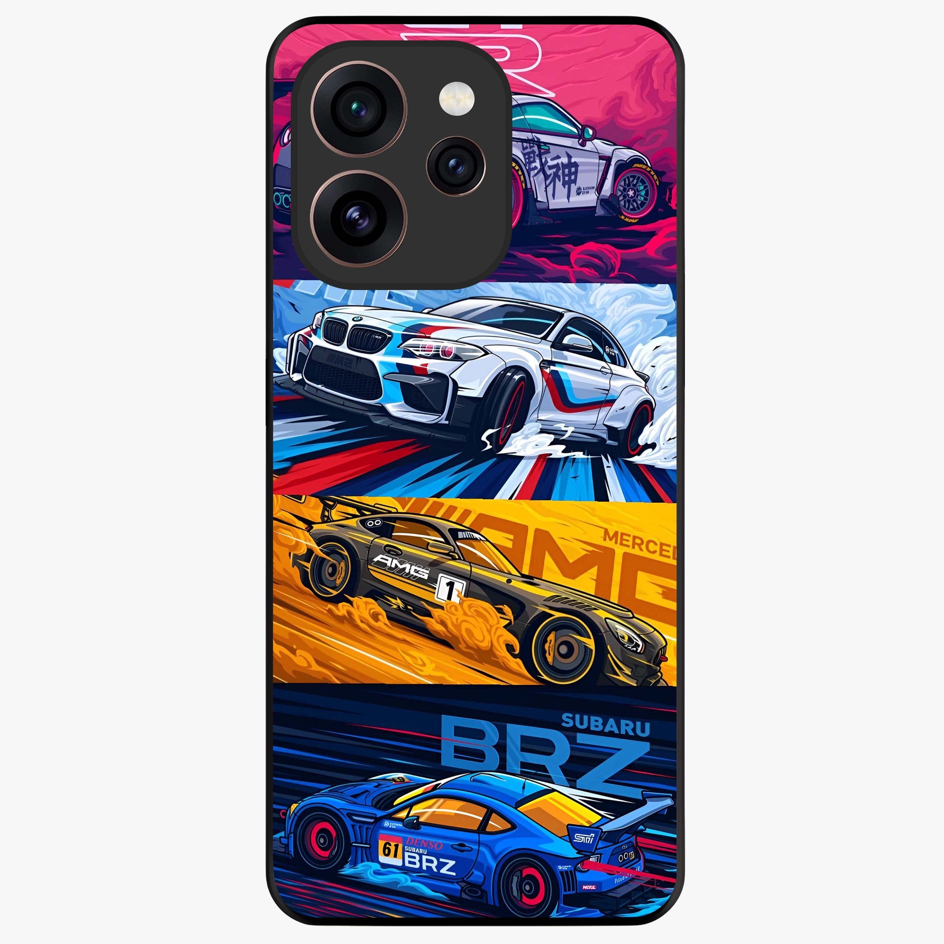 JDM Sports Car Glass Case showing flat back view with high performance sports car artwork and glossy glass finish.