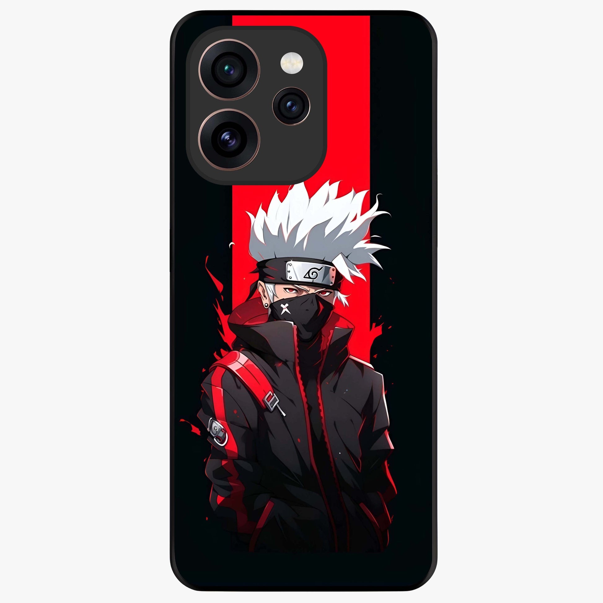 Kakashi Scarlet Shadow Glass Case showing flat back view with powerful anime ninja artwork and glossy glass finish.