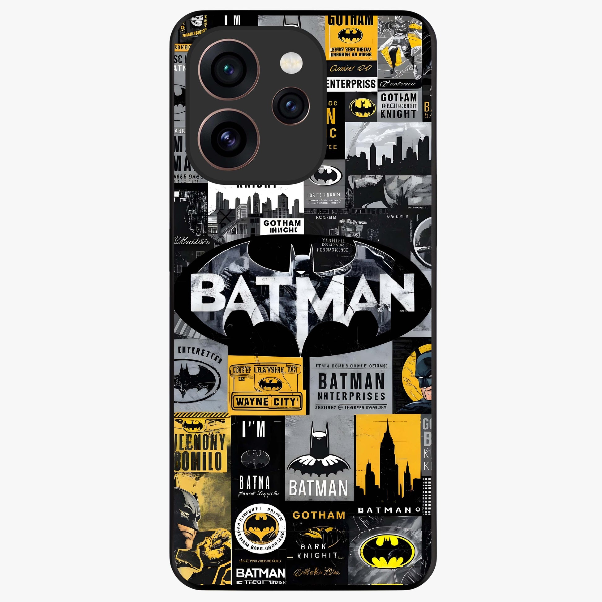 Knight Gotham Rise Glass Case showing flat back view with dark hero inspired artwork and glossy glass finish.