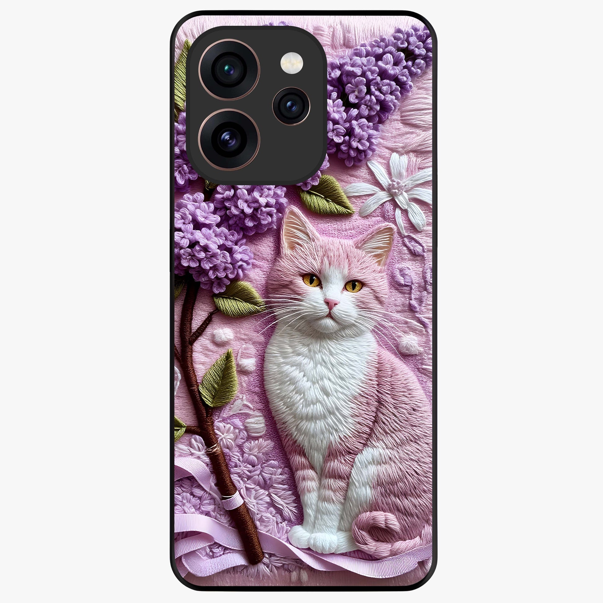 Lavender Cat Whimsy Glass Case showing flat back view with cute lavender cat artwork and glossy glass finish.
