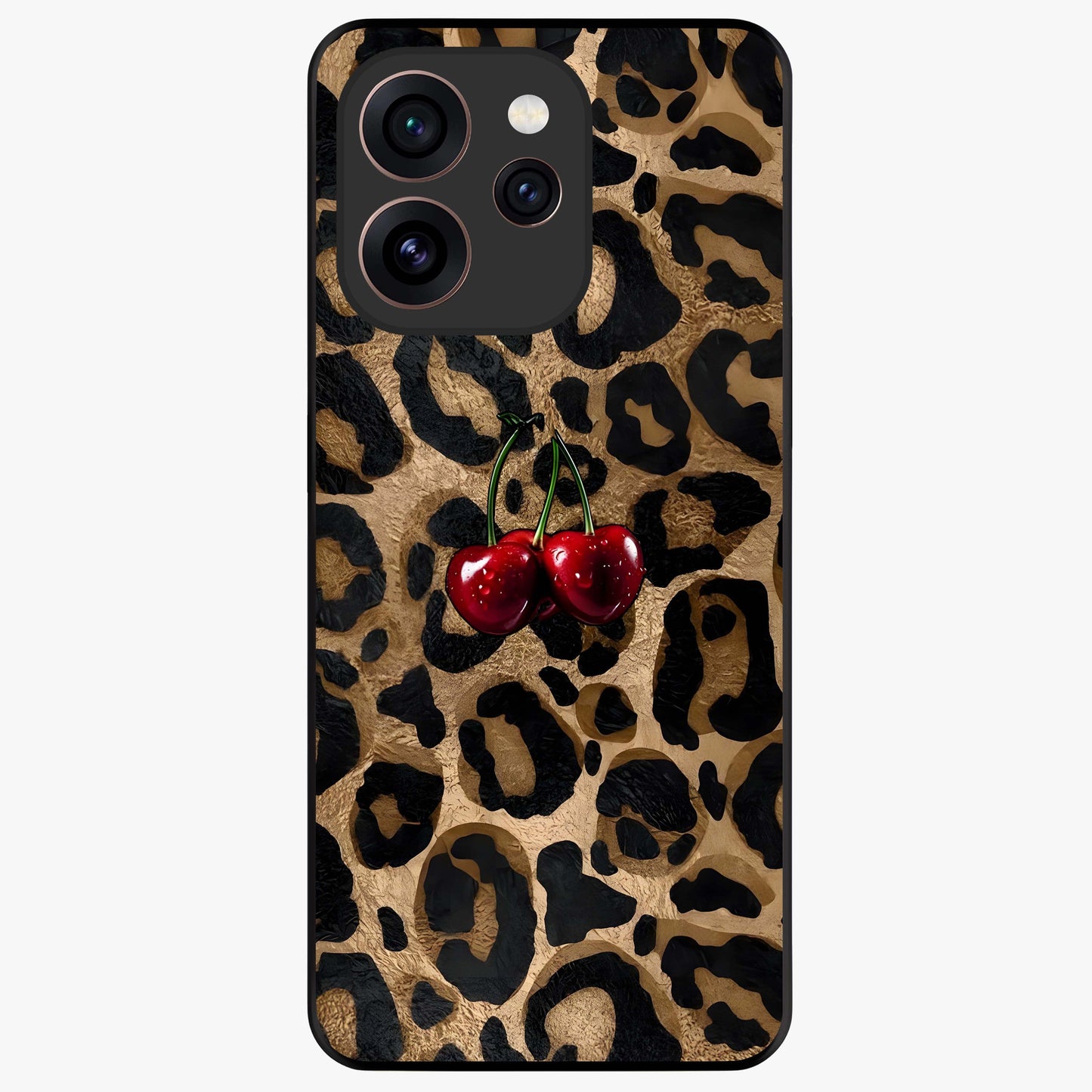 Leopard Wild Cherry Glass Case showing flat back view with leopard pattern and cherry artwork and glossy glass finish.